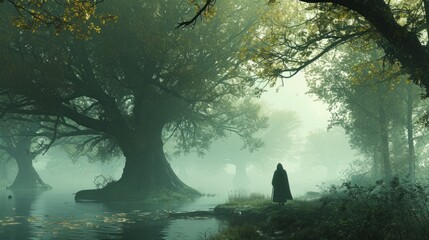 A misty morning in a mystical park, with ancient trees shrouded in fog and a mysterious figure walking along a meandering path. The ethereal atmosphere draws inspiration from the fantasy works