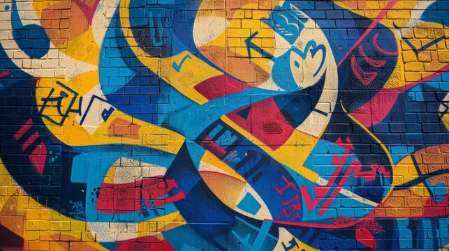 Ainu calligraphy integrated into an urban mural, blending traditional script with vibrant street art motifs and colors, celebrating the resilience and revitalization efforts of Ainu language 