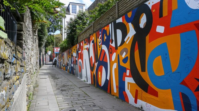Cornish words and phrases integrated into a vibrant street mural in the heart of Penzance, where local artists blend traditional script with contemporary graffiti techniques, revitalizing the Cornish 