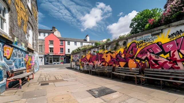 Cornish words and phrases integrated into a vibrant street mural in the heart of Penzance, where local artists blend traditional script with contemporary graffiti techniques, revitalizing the Cornish 
