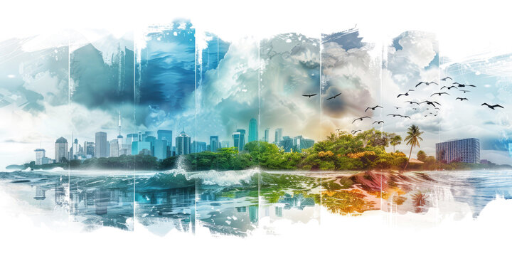 colorful watercolor painting landscape with city skyline isolated