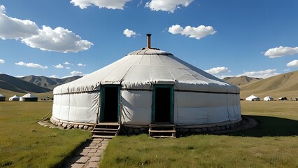 A white yurt with two doors, with mountains in the background, blue sky with clouds, green grass.