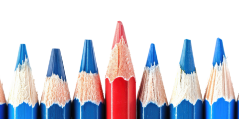 red pencil standing out of blue pencils in a row isolated on white or transparent png