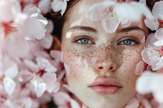 portrait of abeautiful woman face with cherry or apple blossom
