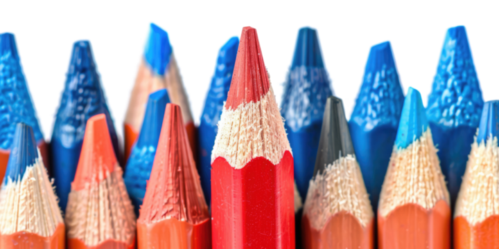 red pencil standing out of blue pencils in a row isolated on white or transparent png