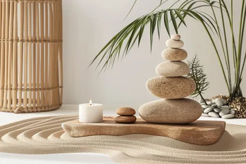 Stack of stones balancing creating zen atmosphere on sand with candle