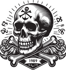 Vintage skull and crossbones monochrome template vector  on white background. Classic Skull and Crossbones: Monochrome Vector Design