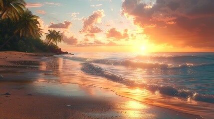 A serene beach at sunset with waves