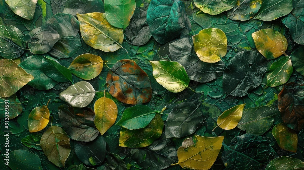 Poster a flat lay image of various shades of green and yellow leaves arranged on a painted canvas. the leav