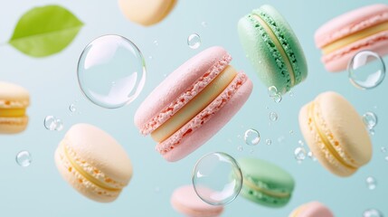 Whimsical Macarons in Vibrant Hues with Japanese Anime Flair among Soap Bubbles - Fresh and Lighthearted Culinary Art, Generative Ai