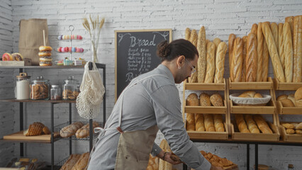 Hispanic man with moustache in indoor bakery arranging fresh bread on wooden shelves with pastries and chalkboard menu in the background