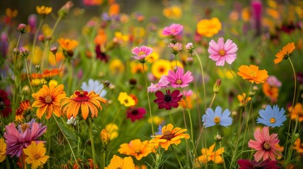 Fototapeta premium A vibrant field brimming with colorful wildflowers, primarily purple and yellow blooms, populating its heart