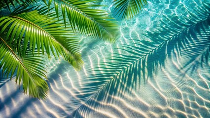 Ailhouette of a palm leaf dancing across a calm water surface above white sand. The design evokes a touch of tropical paradise, perfect for highlighting your summer products or travel content.