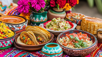 Fototapeta premium A table full of Mexican food including tacos, rice, and beans