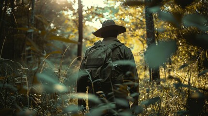 Forest Ranger on Patrol in Conservation Area Ensuring Wildlife Protection and Forest Conservation