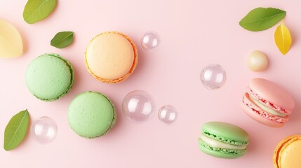 Fototapeta premium Whimsical Anime Style Macarons in Rainbow Colors with Soap Bubbles on Light Background - High Quality High Resolution Image of Charming Treats, Generative Ai
