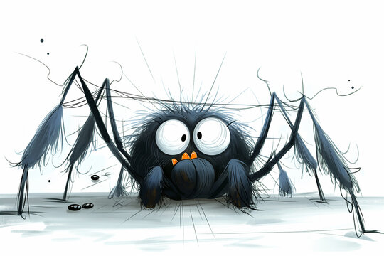 Cartoon black spider painted cute for Halloween on white background for cards design. Vertical image