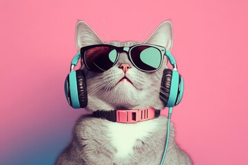 Hipster cat in sunglasses, listening to music, pink and blue gradient background, Digital art, Vibrant and fun
