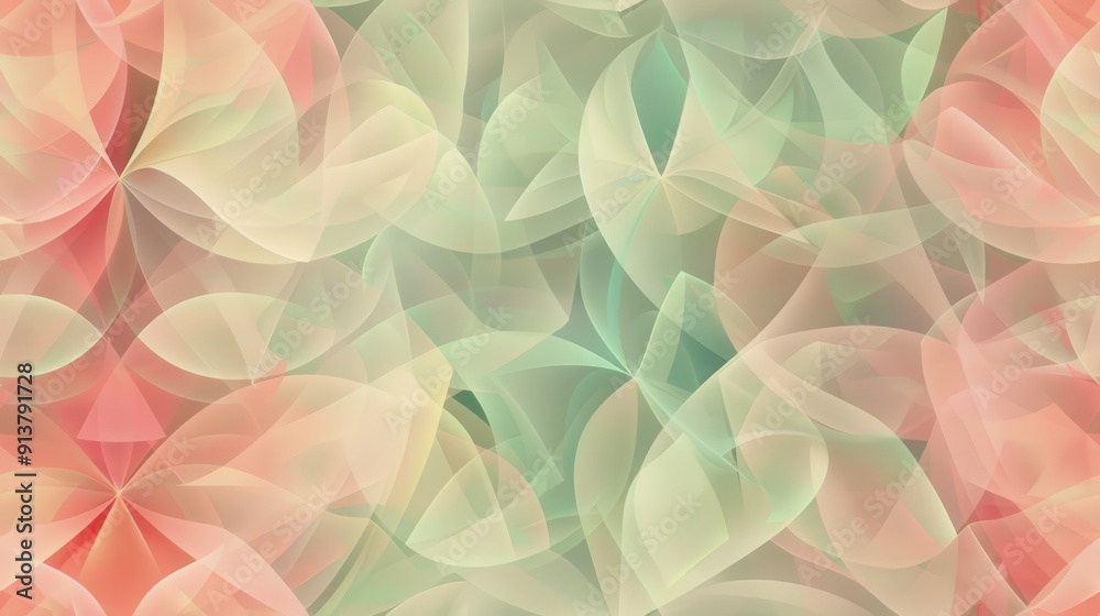 Poster The image features a seamless pattern of overlapping shapes in various shades of pastel green, yellow, and pink. The shapes appear translucent and create a layered effect, giving the impression of dep