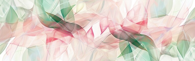 An abstract watercolor painting features overlapping translucent shapes in shades of pink and green against a white background. The shapes create a sense of depth and movement, reminiscent of flowing 