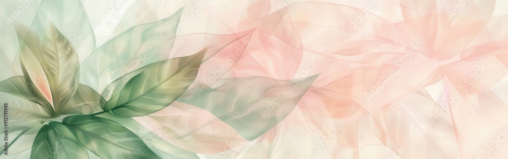 Poster a watercolor painting depicting an abstract composition of overlapping green and pink leaves. the le
