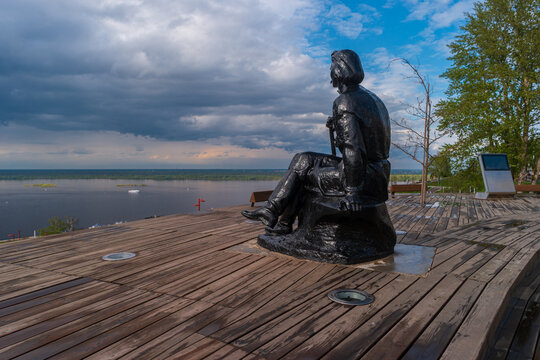 Nizhny Novgorod, Russia - May 11, 2024: View of monument to young Maxim Gorky overlooking the Volga River.