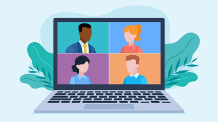 Flat design illustration. Video conference of business people. 4 people on laptop screen. Education or business meeting. Work from home.
