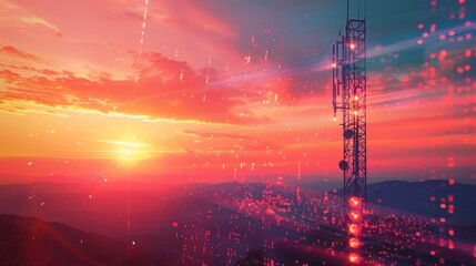 Modern Wireless Communication Tower at Sunset with Glowing Signals Against Scenic Backdrop