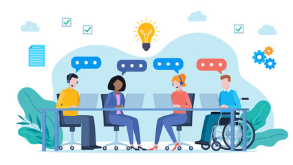 Obraz premium Flat design illustration. Employees at their desks brainstorm. There are speech bubbles next to their heads. There is a lit bulb above them. Next to them there are checker, document and gear icons.