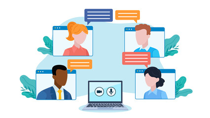 Flat design illustration. Laptop with camera and microphone icon. Above it, messenger app tiles with character avatars. There are conversation bubbles next to the characters.