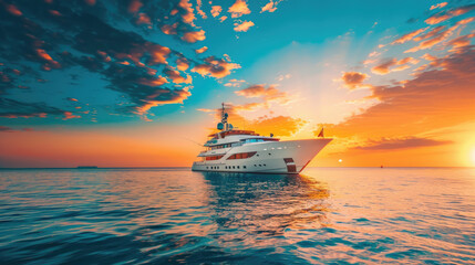 Fototapeta premium Floating Elegance: Luxurious yacht gliding across a serene ocean, painted with the vibrant colors of a radiant sunset, signifying the freedom and tranquility of a perfect day.
