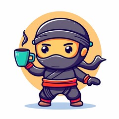 Obraz premium A playful cartoon ninja with a coffee mug strikes a bold pose, offering a fun twist in vibrant, modern flat style.