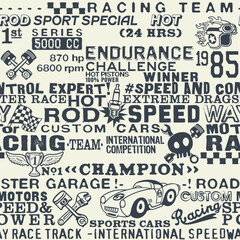 Obraz premium Cute speedway racing team elements wallpaper vintage vector seamless pattern for children wear fabric shirt sweatshirt pajamas