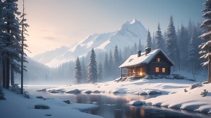 Fototapeta premium Serene Winter Cabin by the Frozen Lake
