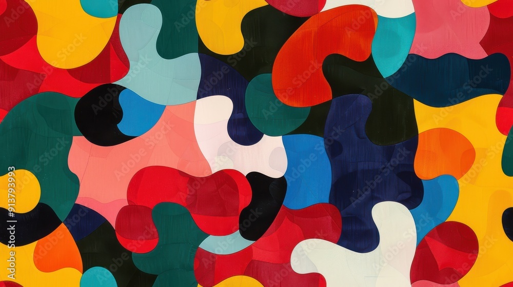 Aufkleber A close-up view of an abstract pattern with vibrant, organic shapes. The design features a blend of red, yellow, blue, green, black, and white, creating a dynamic and visually stimulating composition.