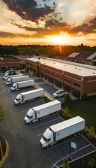 Moving Company Fleet at Sunset - Professional Logistic Services, HQ with Trucks Ready for Deployment