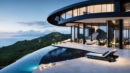 Fototapeta premium A modern, black house with a large swimming pool overlooking the ocean.