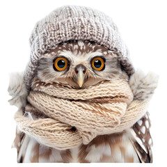 Charming baby owl in a cozy woolen cap and scarf, ultra-sharp and clear, isolated on white background