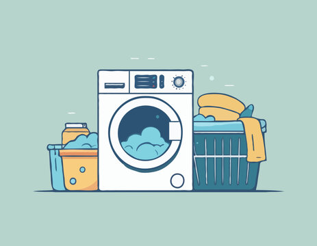 recommend clip art: Washing and drying machines with powder and cleanser, basket with dirty clothes to wash. Flat vector illustration. 