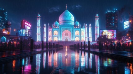 Naklejka premium A cyberpunk depiction of the Taj Mahal, glowing with neon accents and surrounded by a high-tech cityscape, with futuristic transportation and digital billboards, merging the iconic beauty of the