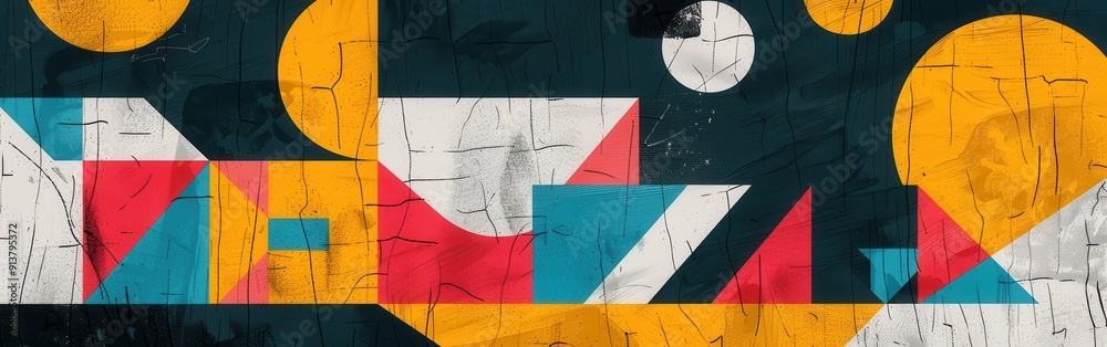 Poster The image features a weathered wall adorned with brightly colored geometric shapes. Predominantly yellow, blue, red, and white, the shapes overlap and intersect, creating a dynamic and visually appeal