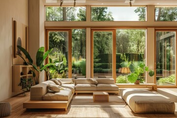 Fototapeta premium Minimalist Living Room with Sustainable Furniture and Indoor Plants Overlooking a Lush Green Garden