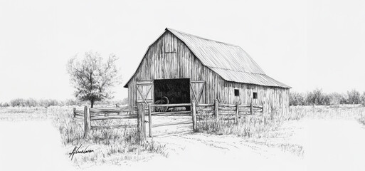 Charming Rustic Barn Surrounded by Open Fields Under a Clear Sky