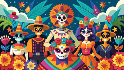 Naklejka premium Vibrant Dia de los Muertos Celebration Illustration with Festive Skeletons