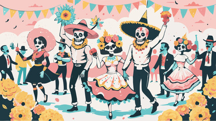 Fototapeta premium Colorful Day of the Dead Celebration with Dancing Skeletons and Festive Decor