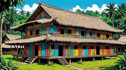 Colorful traditional house in a tropical jungle.