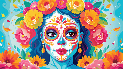 Vibrant Day of the Dead Sugar Skull Illustration with Floral Accents