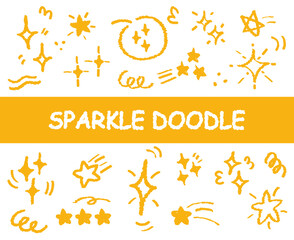 Cute cartoon glitter shine of doodle set. Hand drawn spark glitter, sparkle light vector. Comic line star sketch doodle style. Birthday, anniversary, Christmas, party invitation poster, decoration