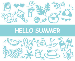 Collection of hand drawn colorful charcoal hello summer doodle. Pencil crayon drawing Ice cream Sun glasses Water melon Shell Swimsuit Leaf. Trendy vintage abstract beach holiday graphic collection. 