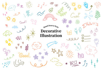 Set of cute pen line doodle element vector. Cartoon style glitter pen line elements. Sparkle line elements decoration symbol set icon. Arrows, heart, stars, flowers, hearts, signs cloud and symbols.